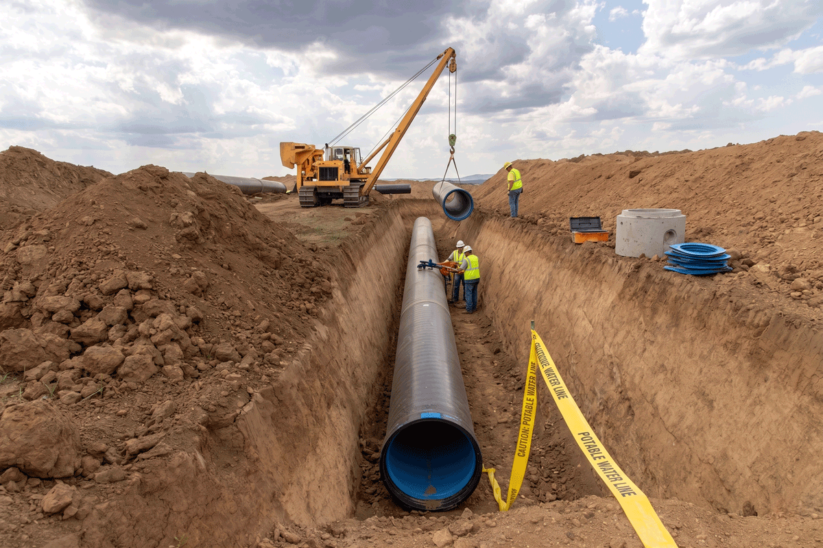 Large pipe installation in trench with crane
