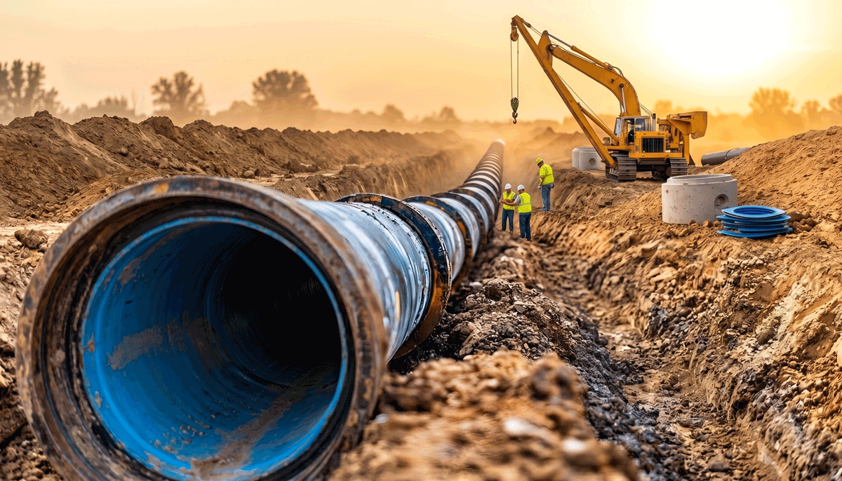 Pipeline trench at sunset with excavator