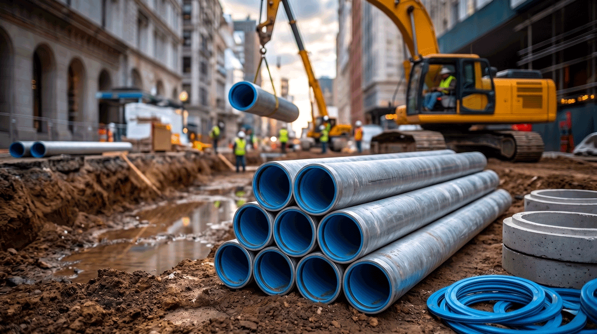 Stacked pipes at urban construction site