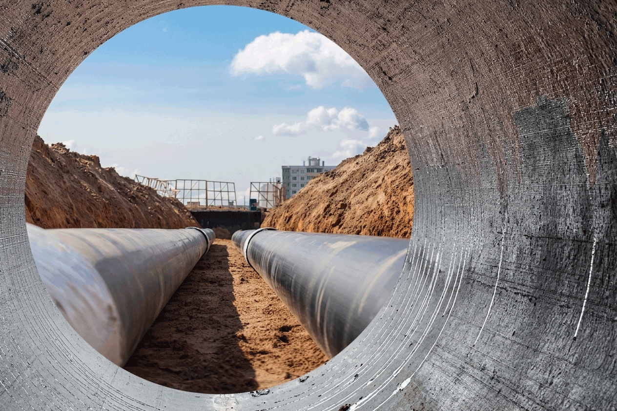 View through large pipe at pipeline construction site